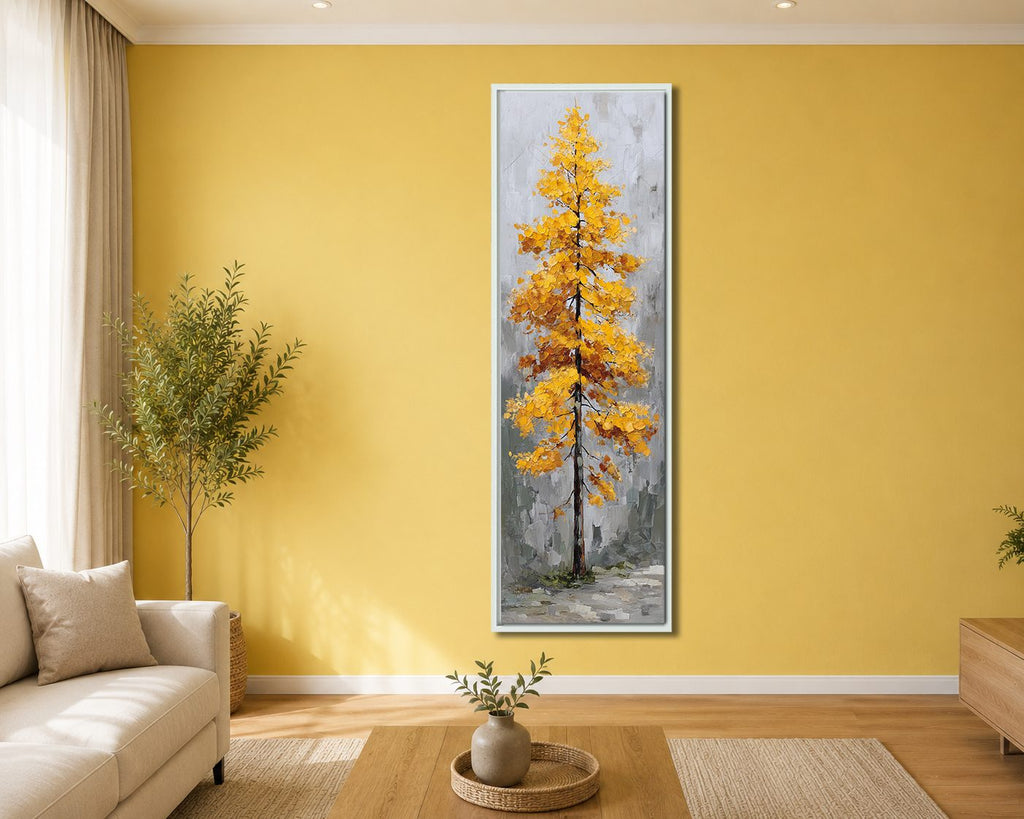 Golden Autumn Tree on Gray canvas wall art, white floating frame