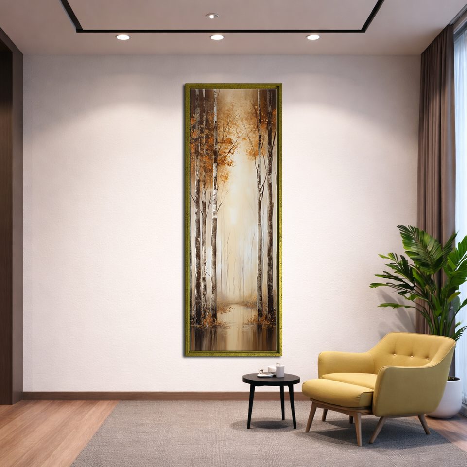 Golden Birch Forest Lake Reflection canvas wall art, gold floating frame
