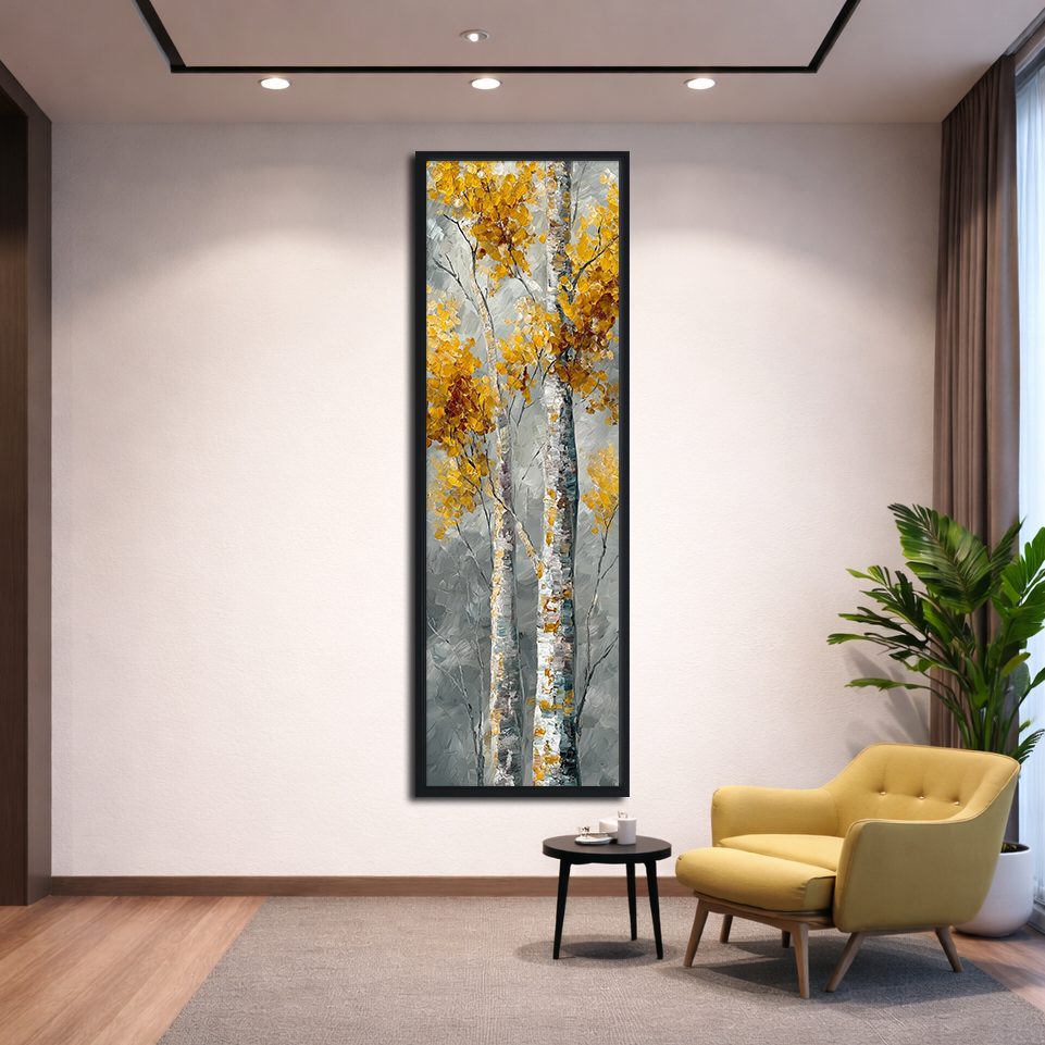 Golden Birch Trees on Gray canvas wall art, black floating frame