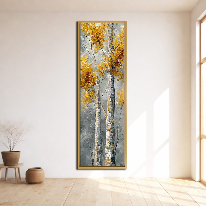 Golden Birch Trees on Gray canvas wall art, natural wood floating frame