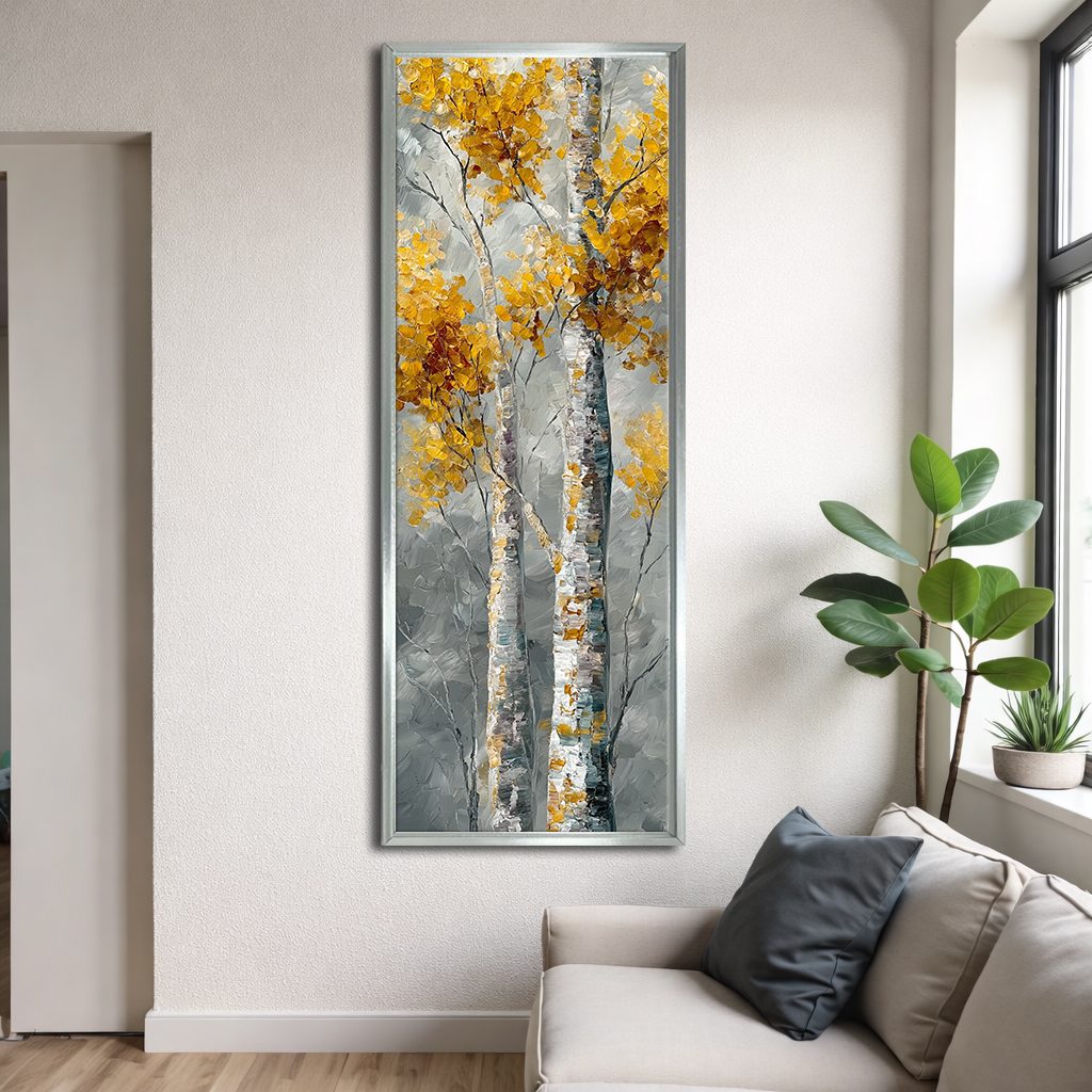Golden Birch Trees on Gray canvas wall art, silver floating frame