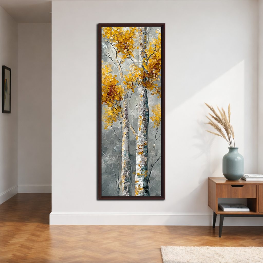 Golden Birch Trees on Gray canvas wall art, walnut floating frame