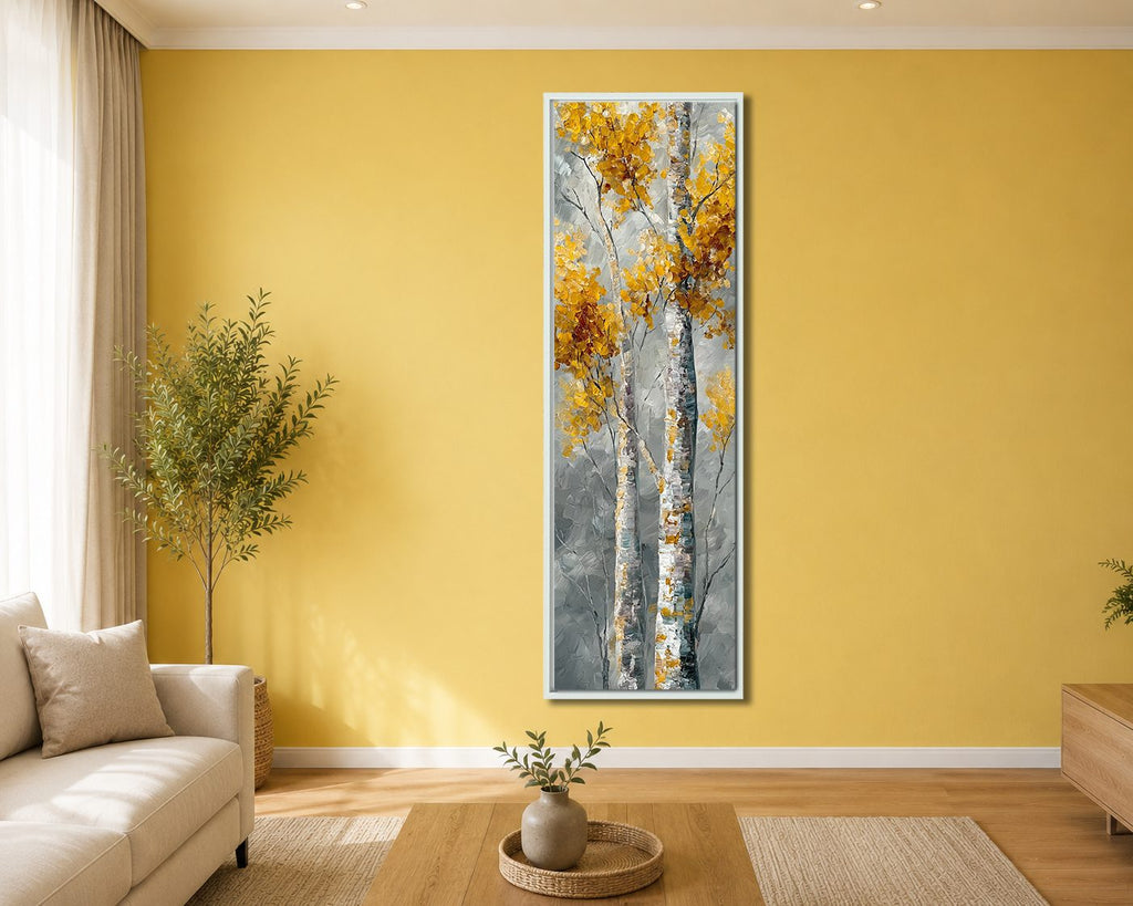 Golden Birch Trees on Gray canvas wall art, white floating frame