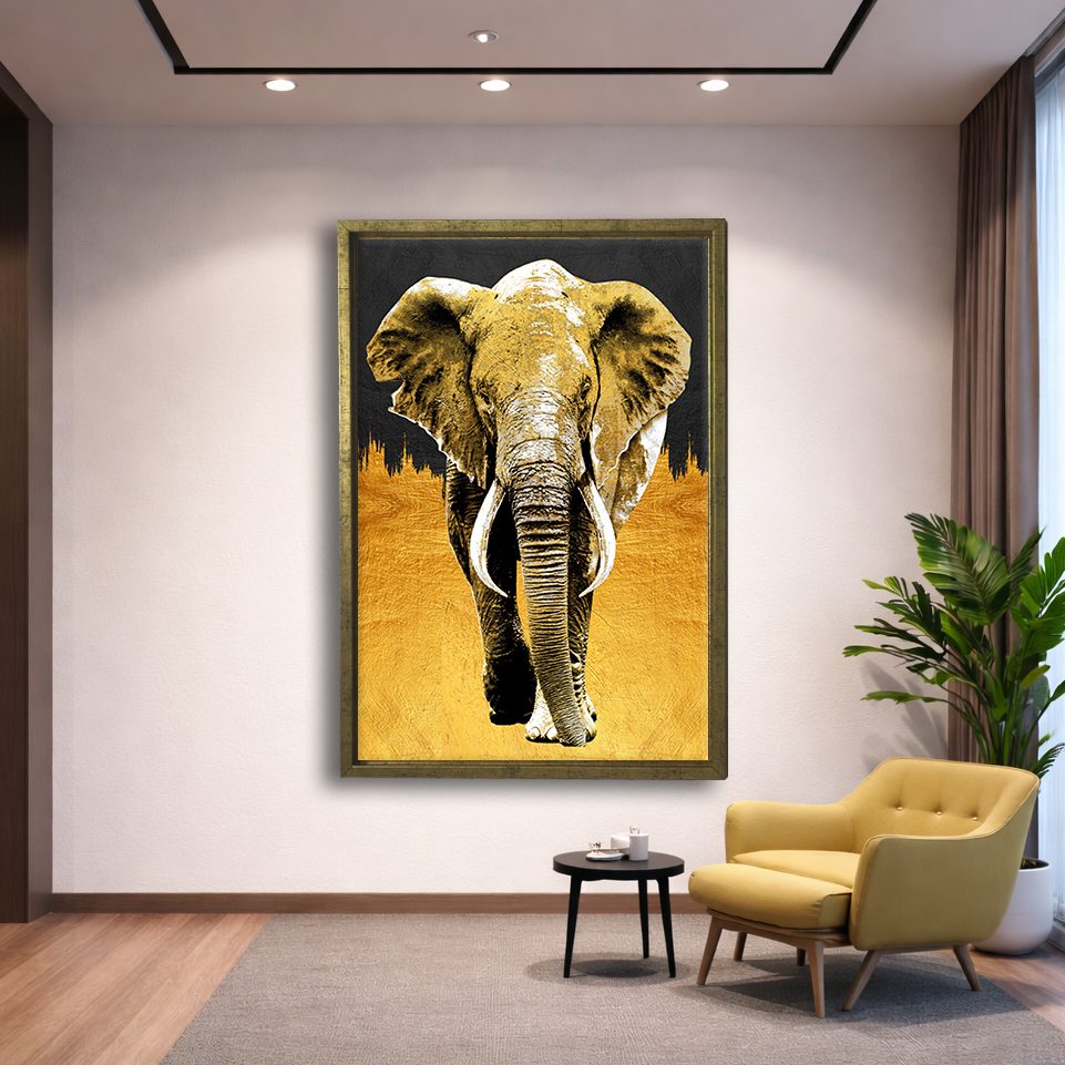 Golden Elephant on Black canvas wall art, gold floating frame