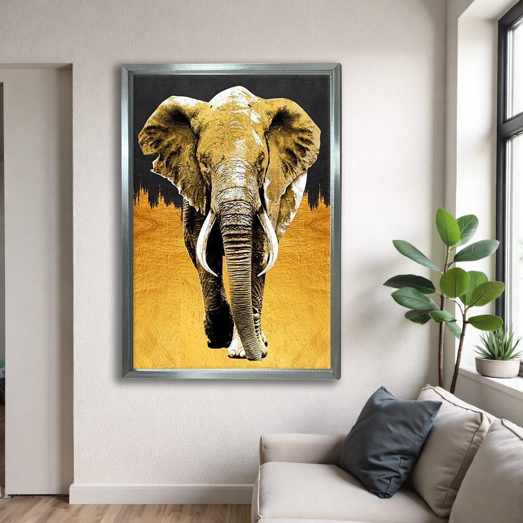Golden Elephant on Black canvas wall art, silver floating frame