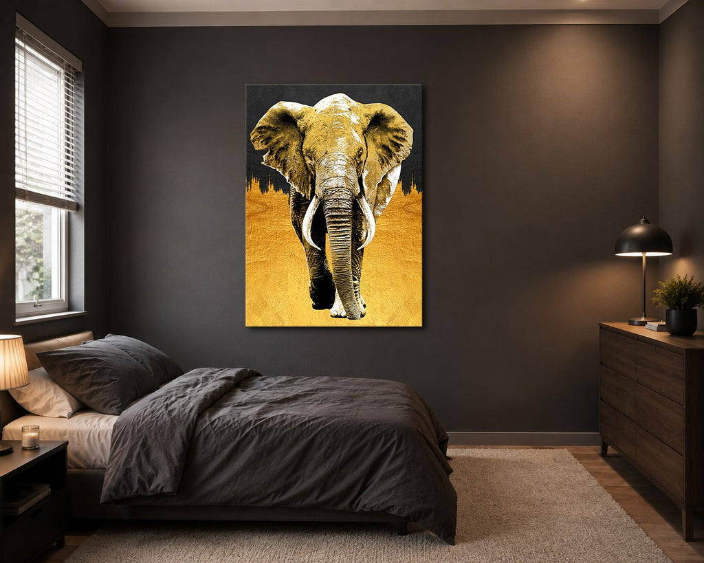 Golden Elephant on Black canvas wall art, unframed canvas