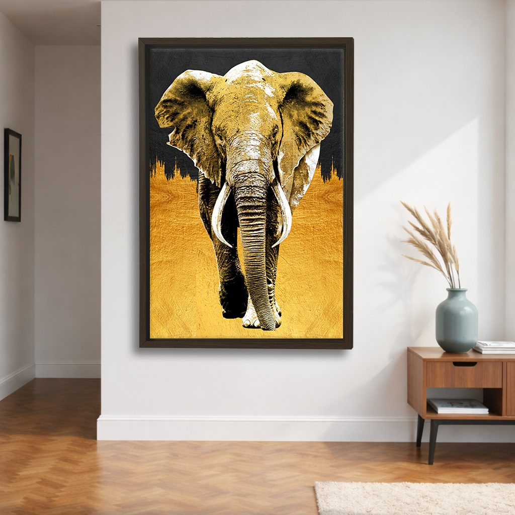 Golden Elephant on Black canvas wall art, walnut floating frame