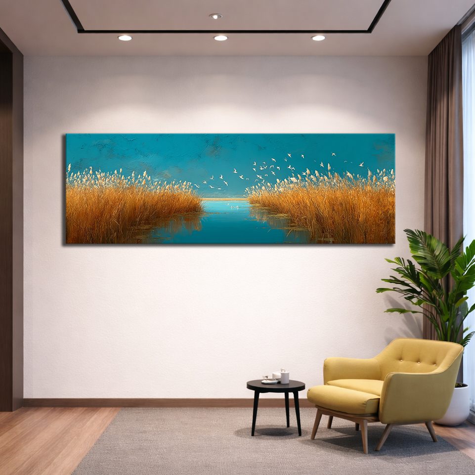 Golden Grass and Birds over Teal Water canvas wall art, unframed canvas