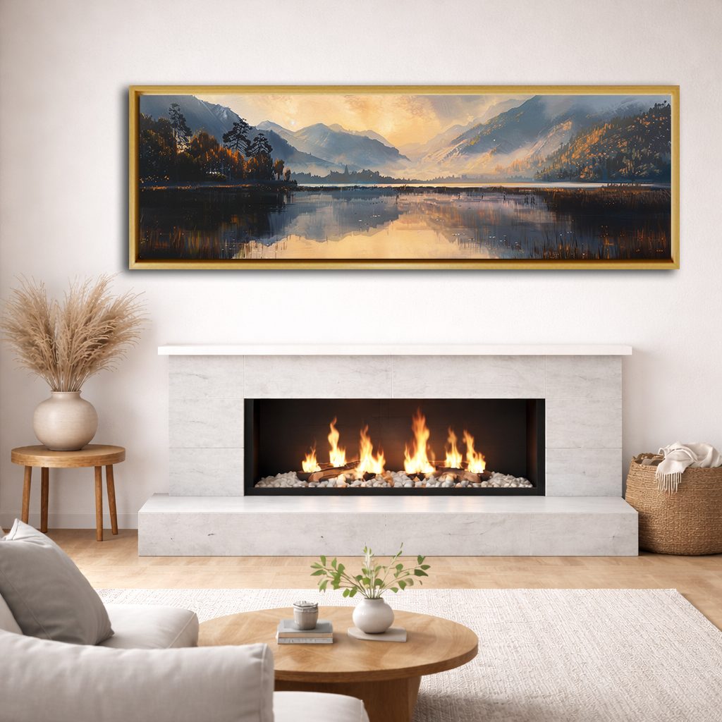 Golden Mountain Lake Morning canvas wall art, natural wood floating frame