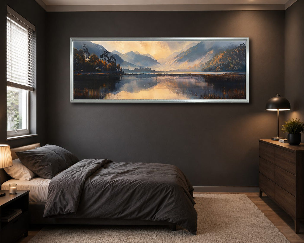 Golden Mountain Lake Morning canvas wall art, silver floating frame