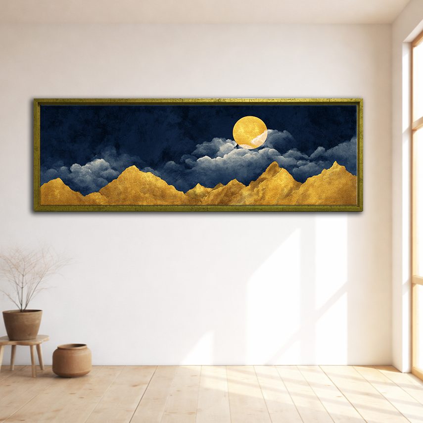 Golden Mountains and Moon on Navy canvas wall art, gold floating frame