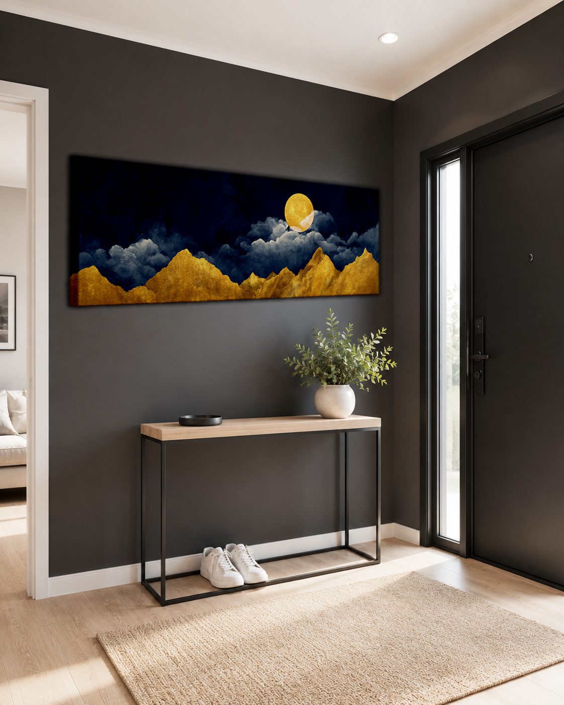 Golden Mountains and Moon on Navy canvas wall art, unframed canvas
