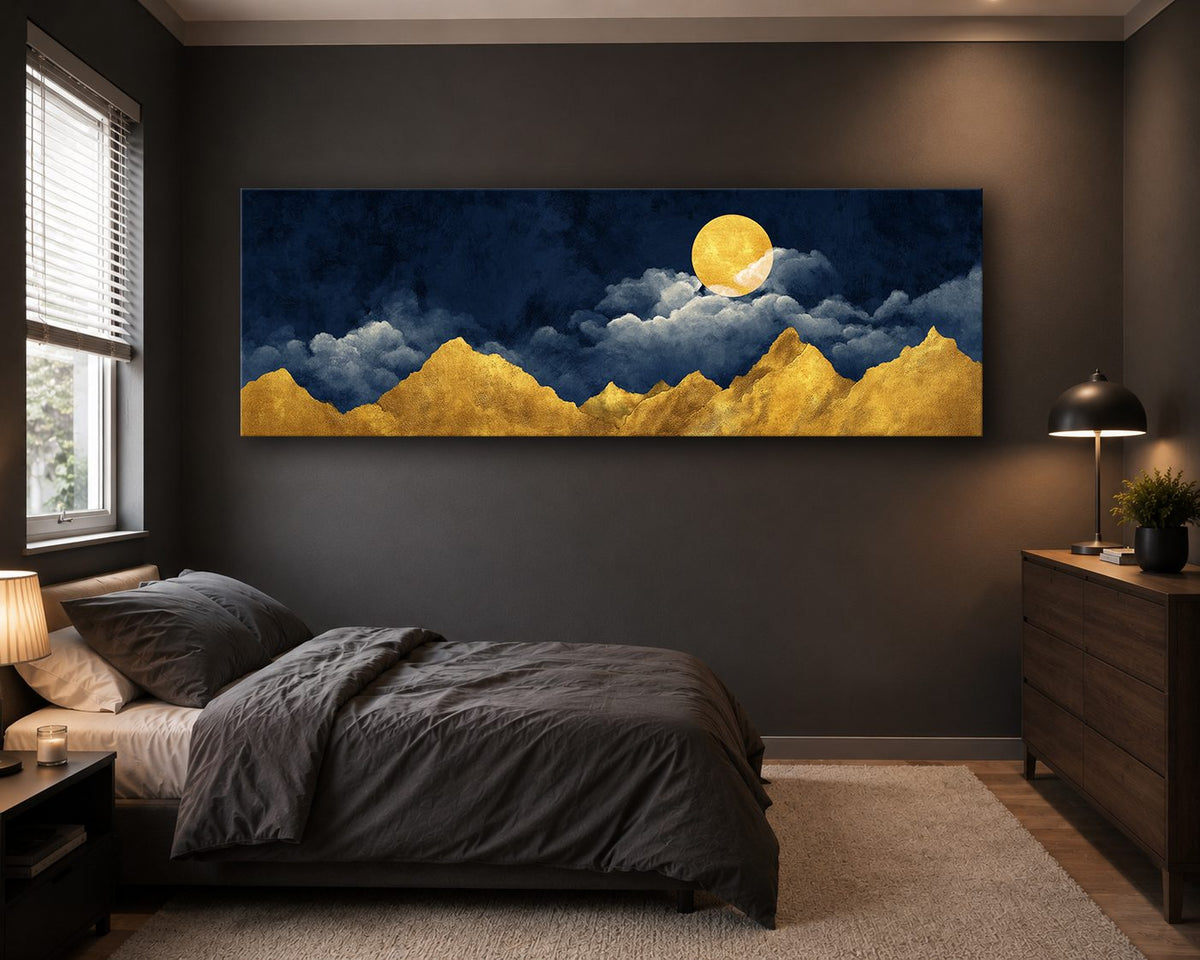 Golden Mountains and Moon on Navy canvas wall art, unframed canvas