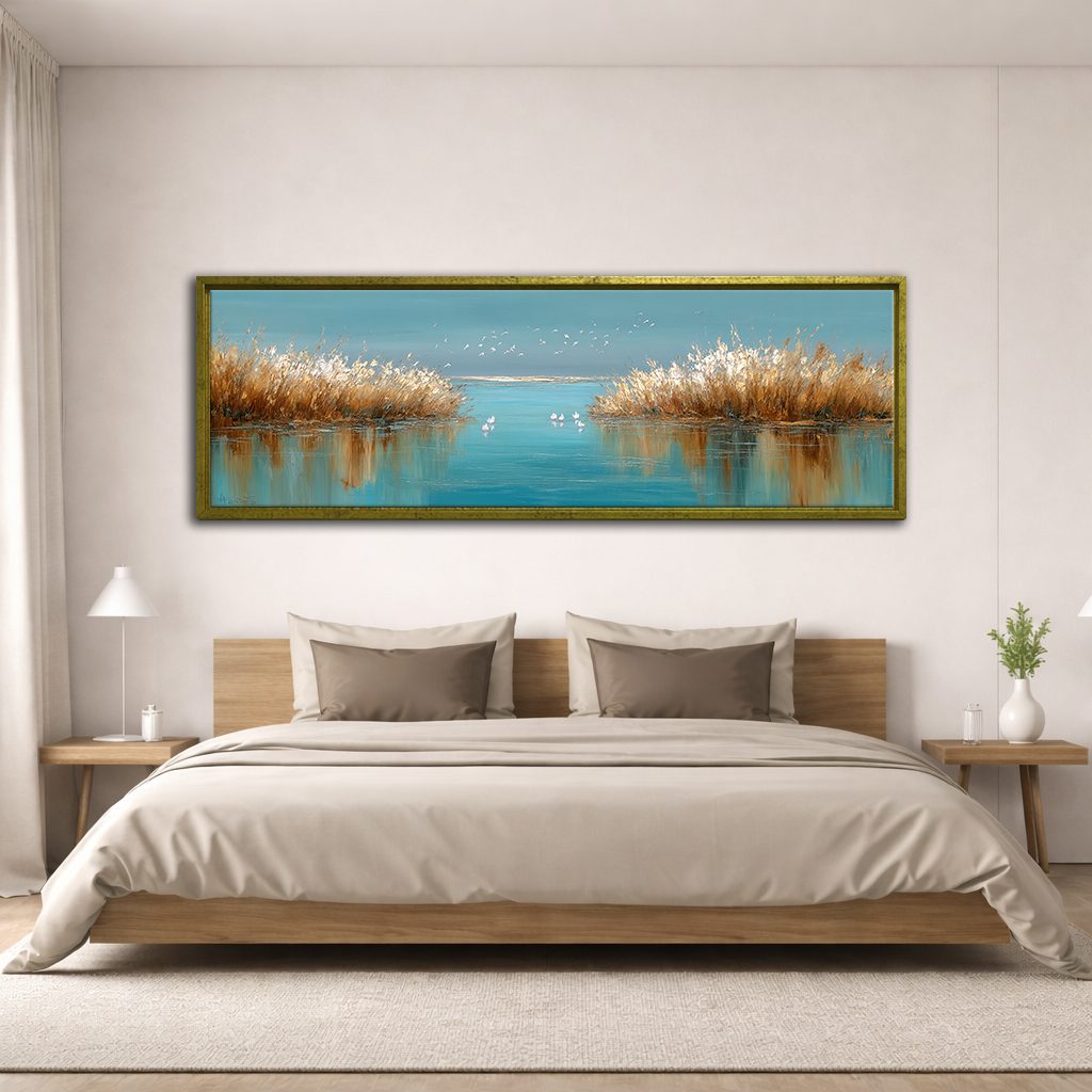 Golden Reeds on Turquoise Lake canvas wall art, antique gold floating frame