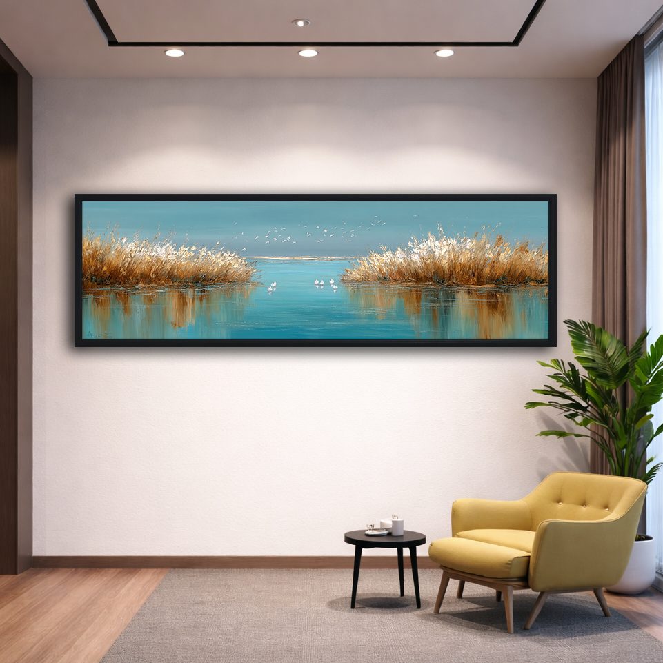 Golden Reeds on Turquoise Lake canvas wall art, black floating frame