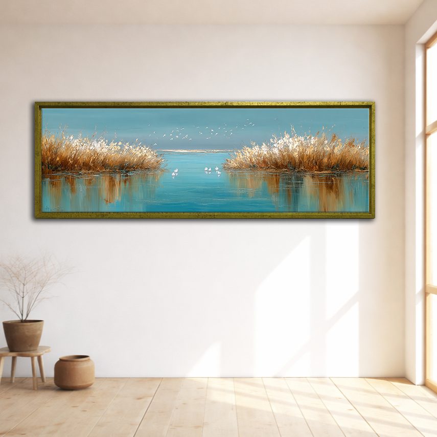 Golden Reeds on Turquoise Lake canvas wall art, gold floating frame