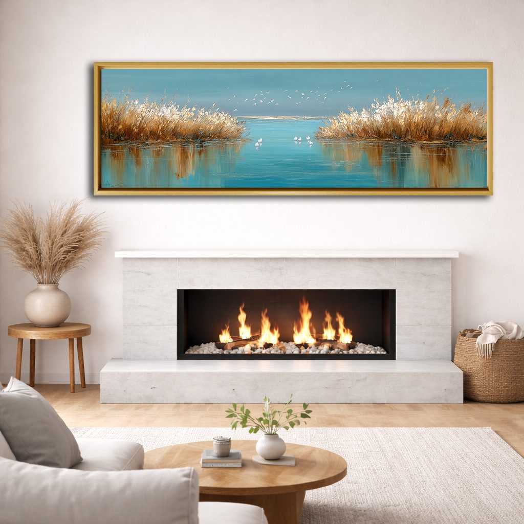 Golden Reeds on Turquoise Lake canvas wall art, natural wood floating frame