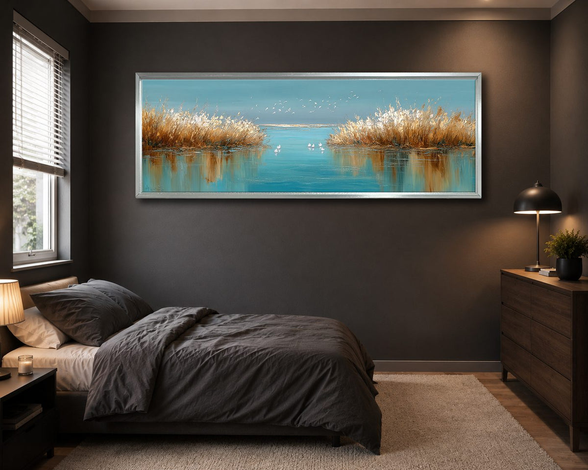 Golden Reeds on Turquoise Lake canvas wall art, silver floating frame