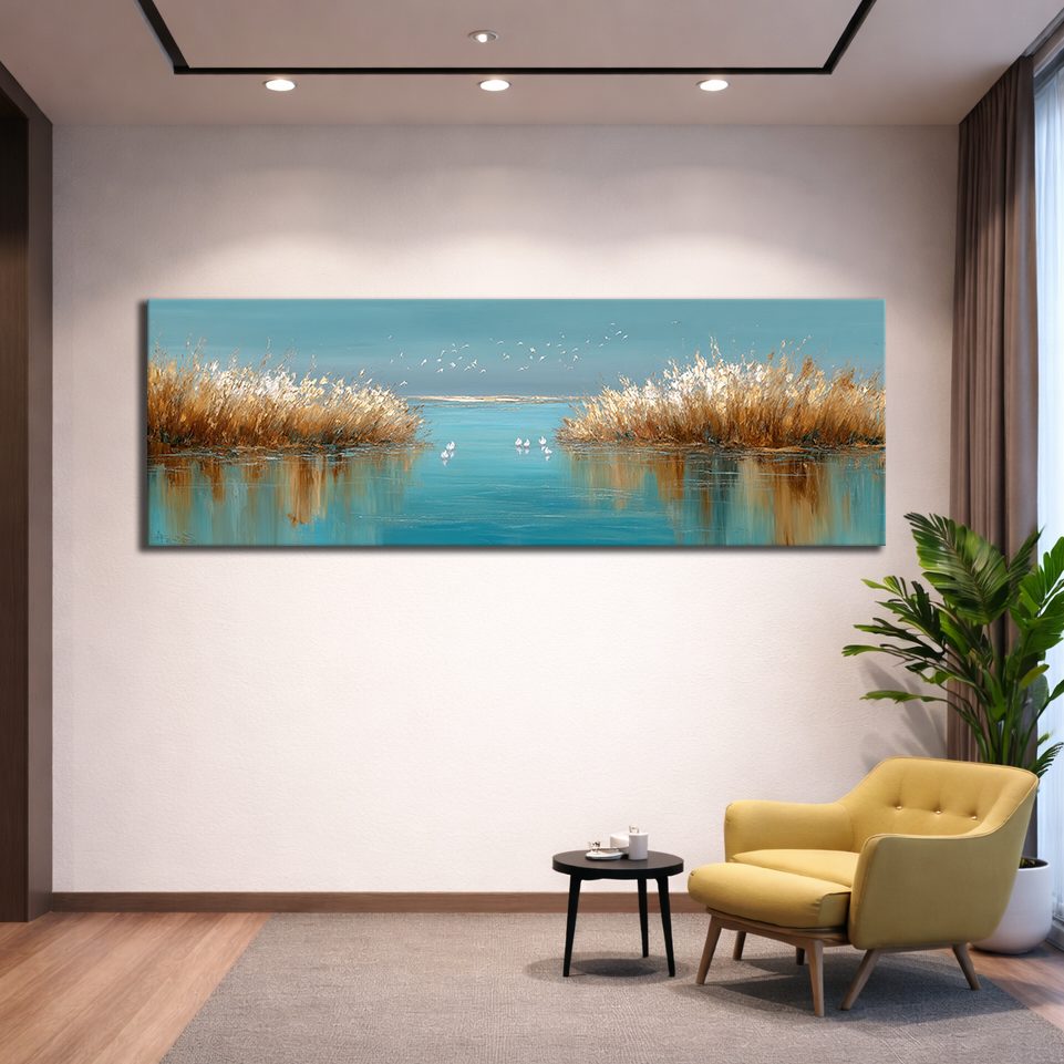 Golden Reeds on Turquoise Lake canvas wall art, unframed canvas
