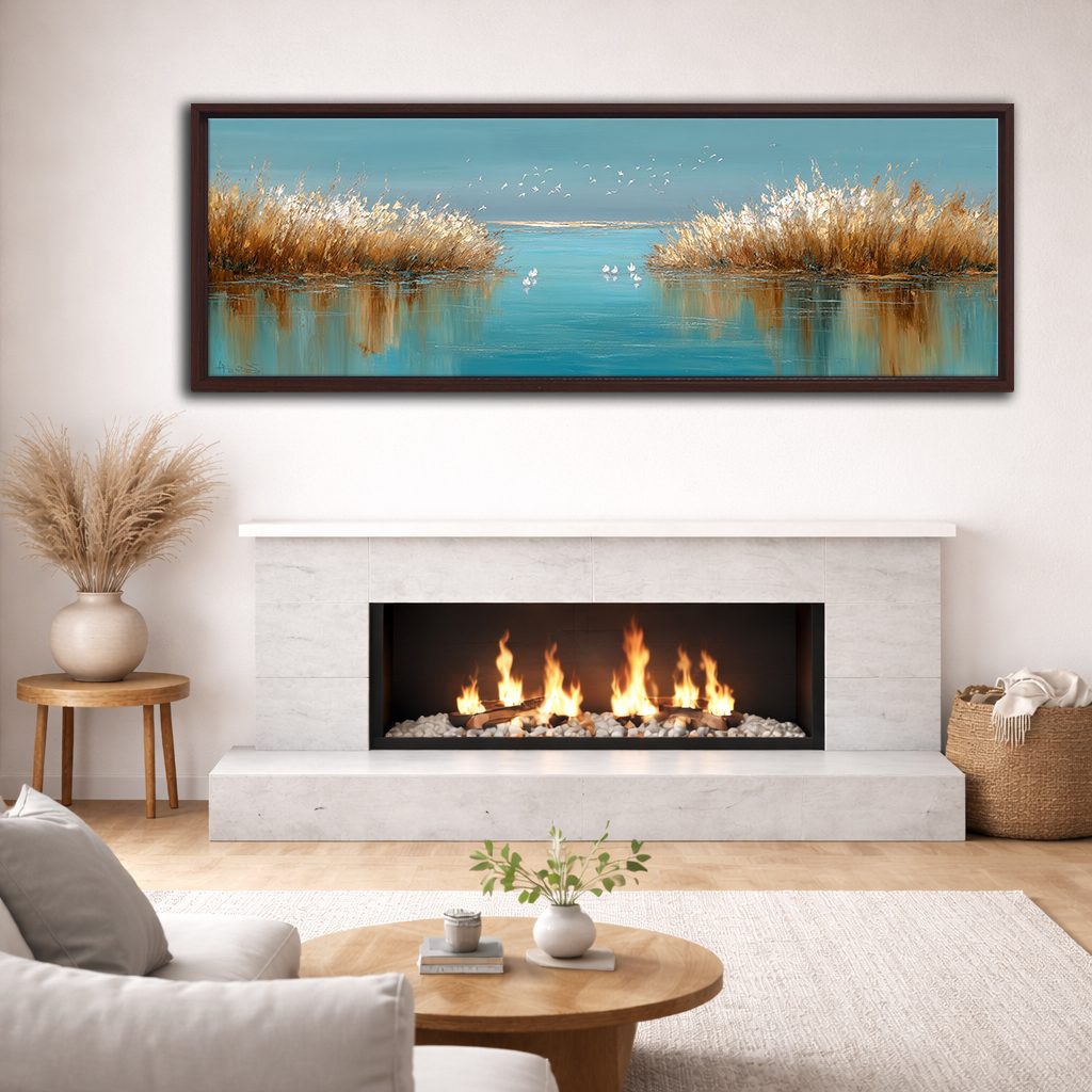 Golden Reeds on Turquoise Lake canvas wall art, walnut floating frame