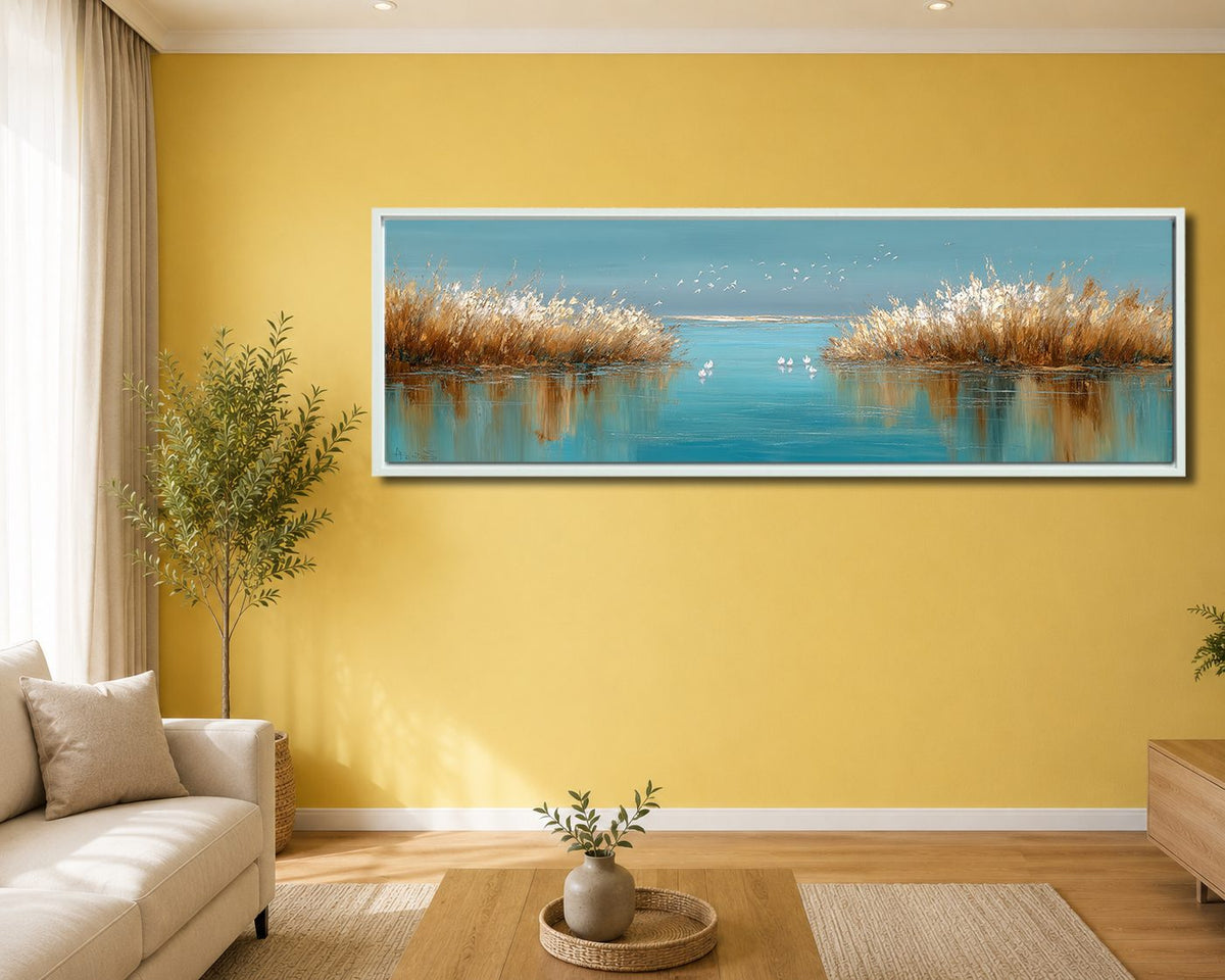 Golden Reeds on Turquoise Lake canvas wall art, white floating frame