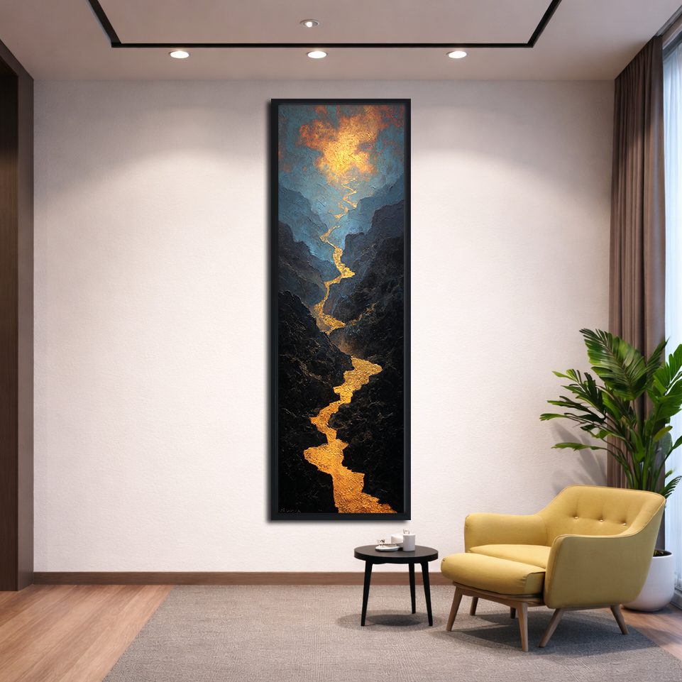 Golden River Canyon Landscape canvas wall art, black floating frame