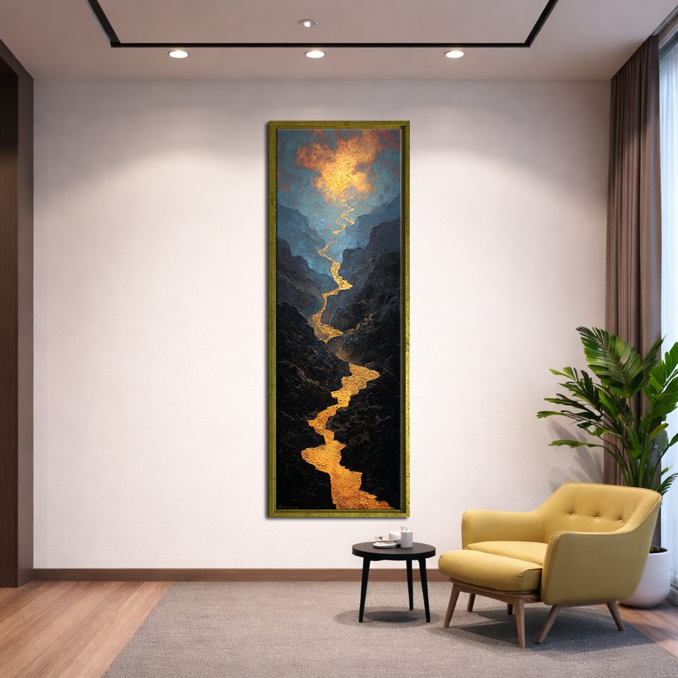 Golden River Canyon Landscape canvas wall art, gold floating frame