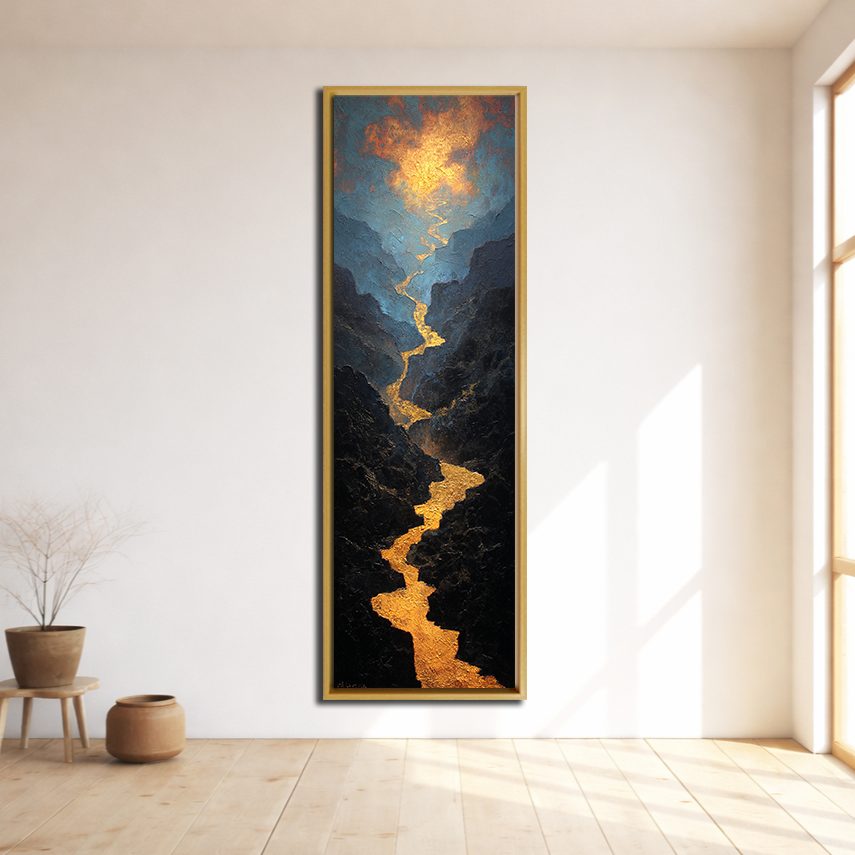 Golden River Canyon Landscape canvas wall art, natural wood floating frame