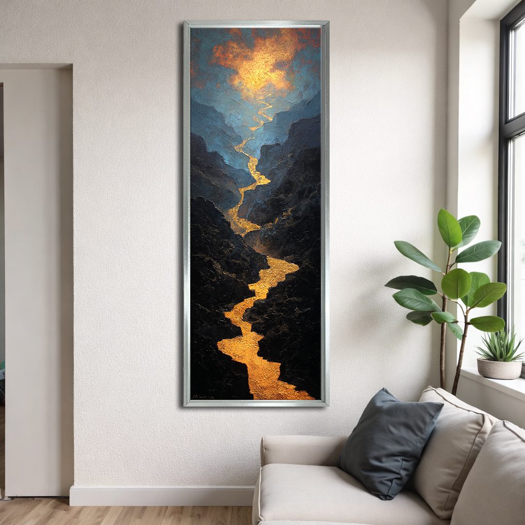 Golden River Canyon Landscape canvas wall art, silver floating frame