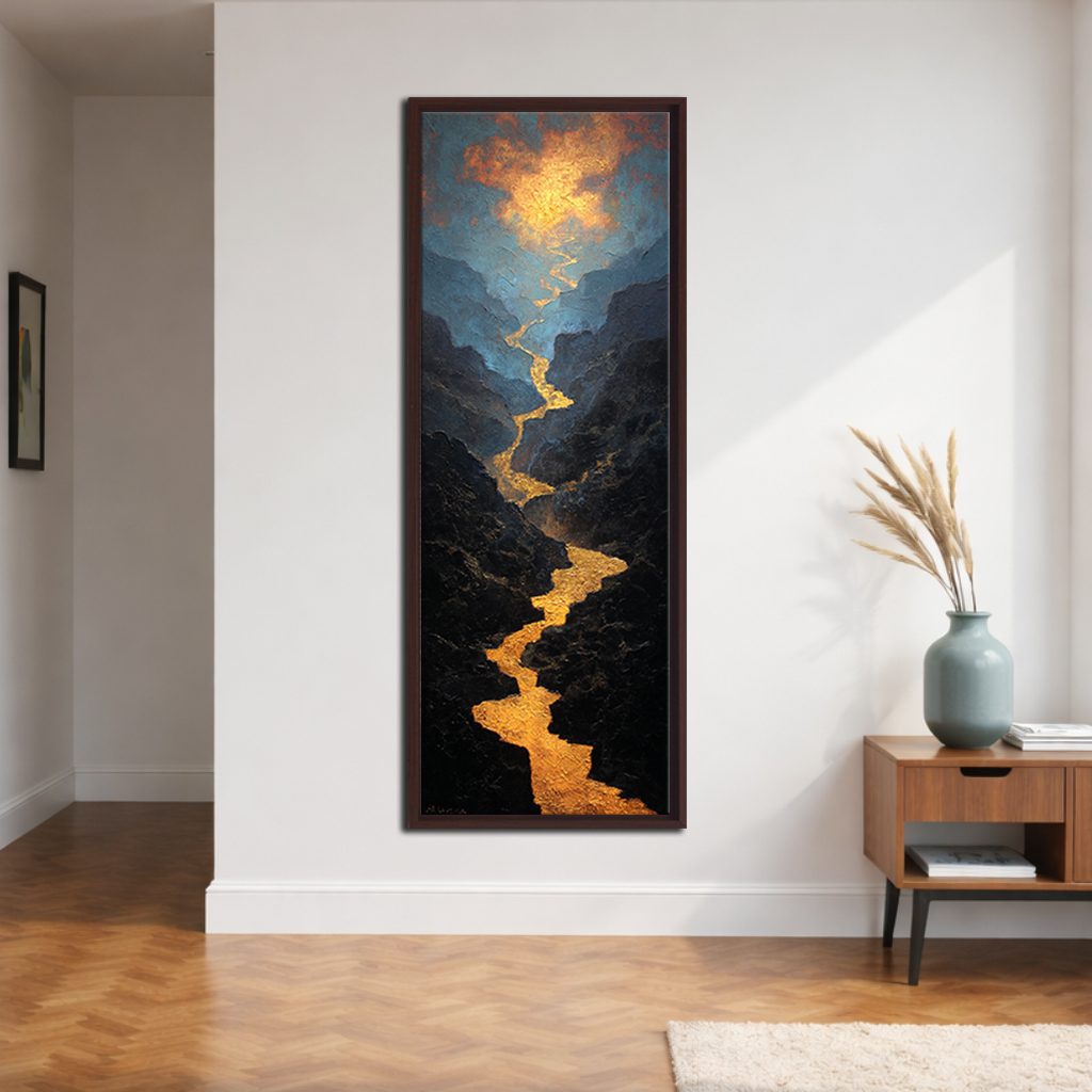 Golden River Canyon Landscape canvas wall art, walnut floating frame