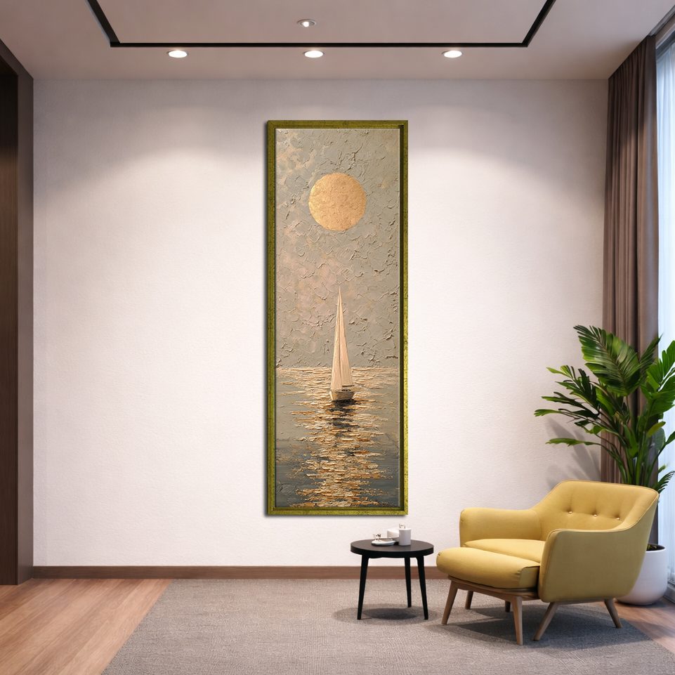 Golden Sun and Sailboat Textured canvas wall art, gold floating frame