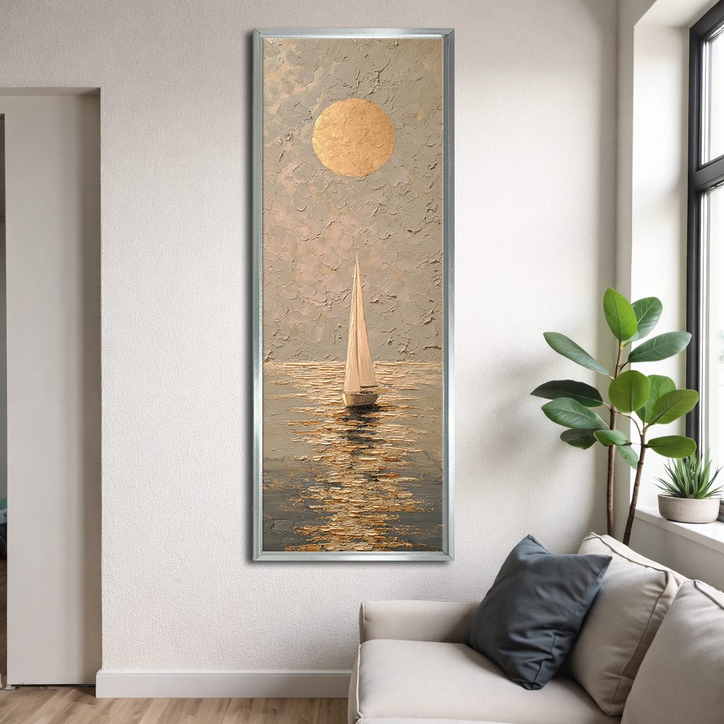 Golden Sun and Sailboat Textured canvas wall art, silver floating frame