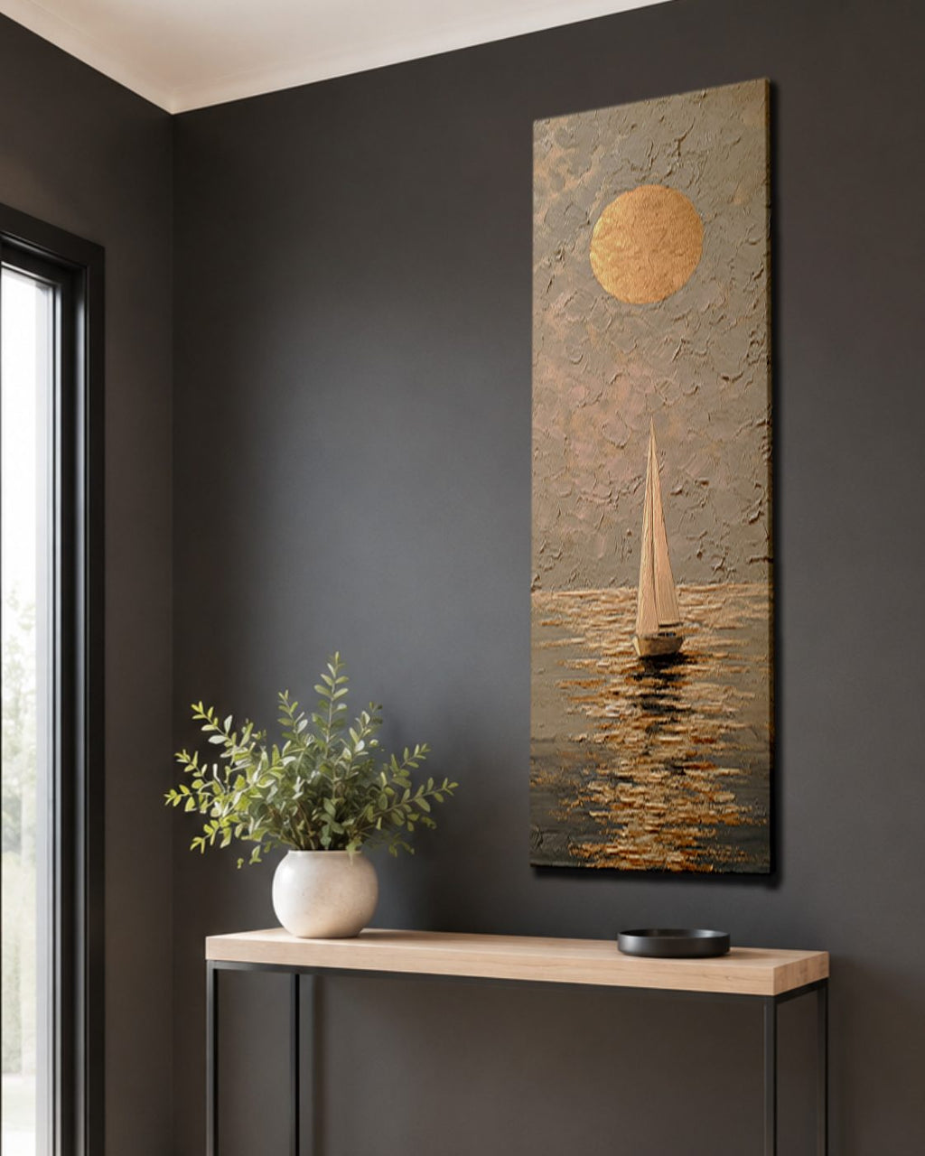 Golden Sun and Sailboat Textured canvas wall art, unframed canvas