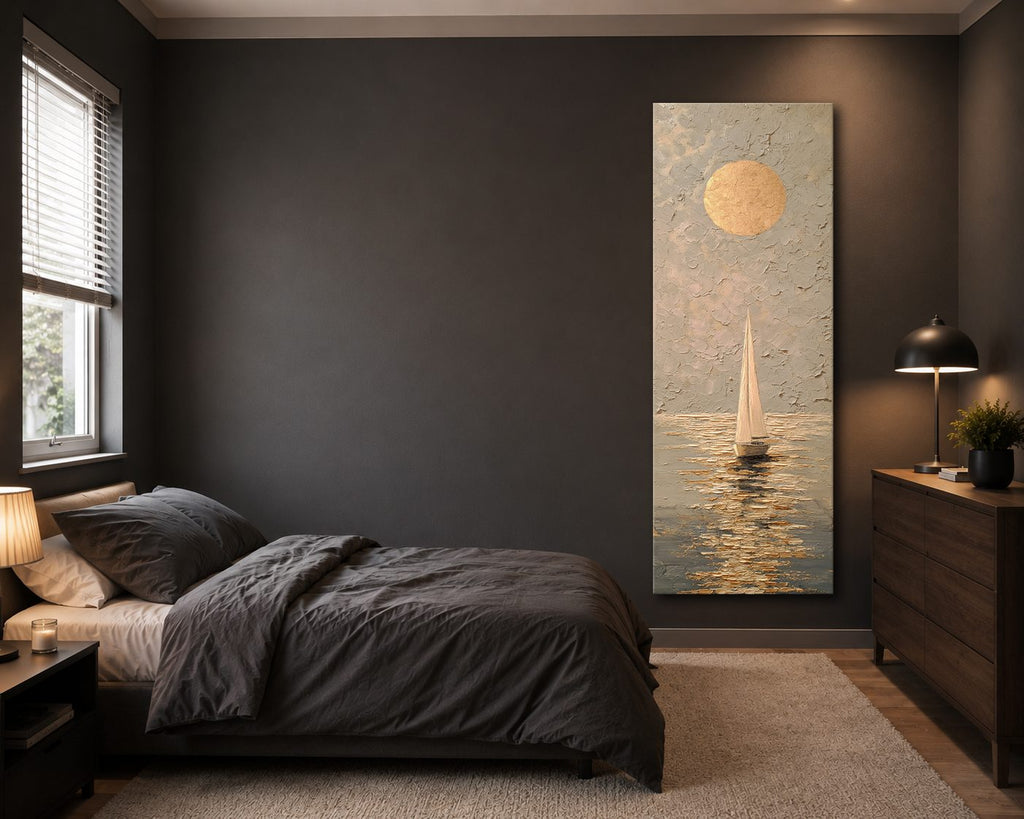 Golden Sun and Sailboat Textured canvas wall art, unframed canvas