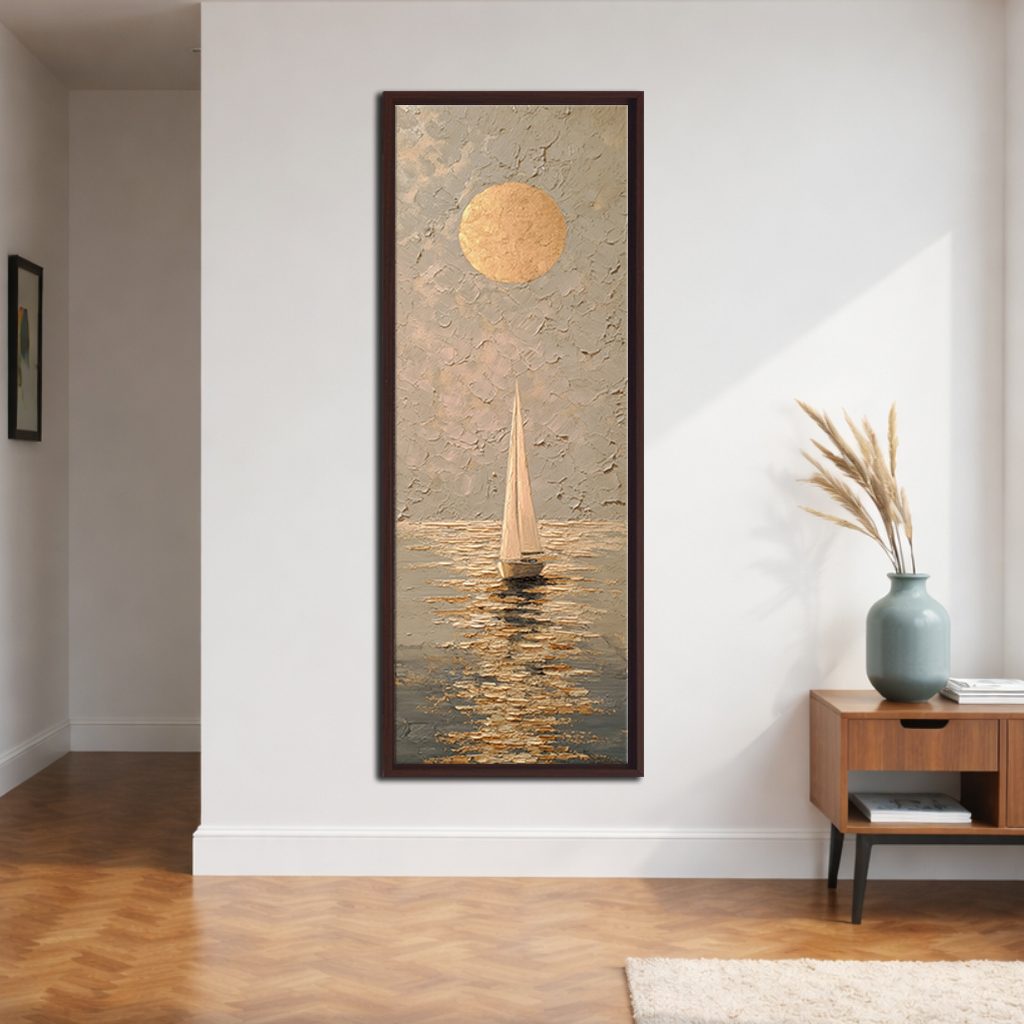 Golden Sun and Sailboat Textured canvas wall art, walnut floating frame
