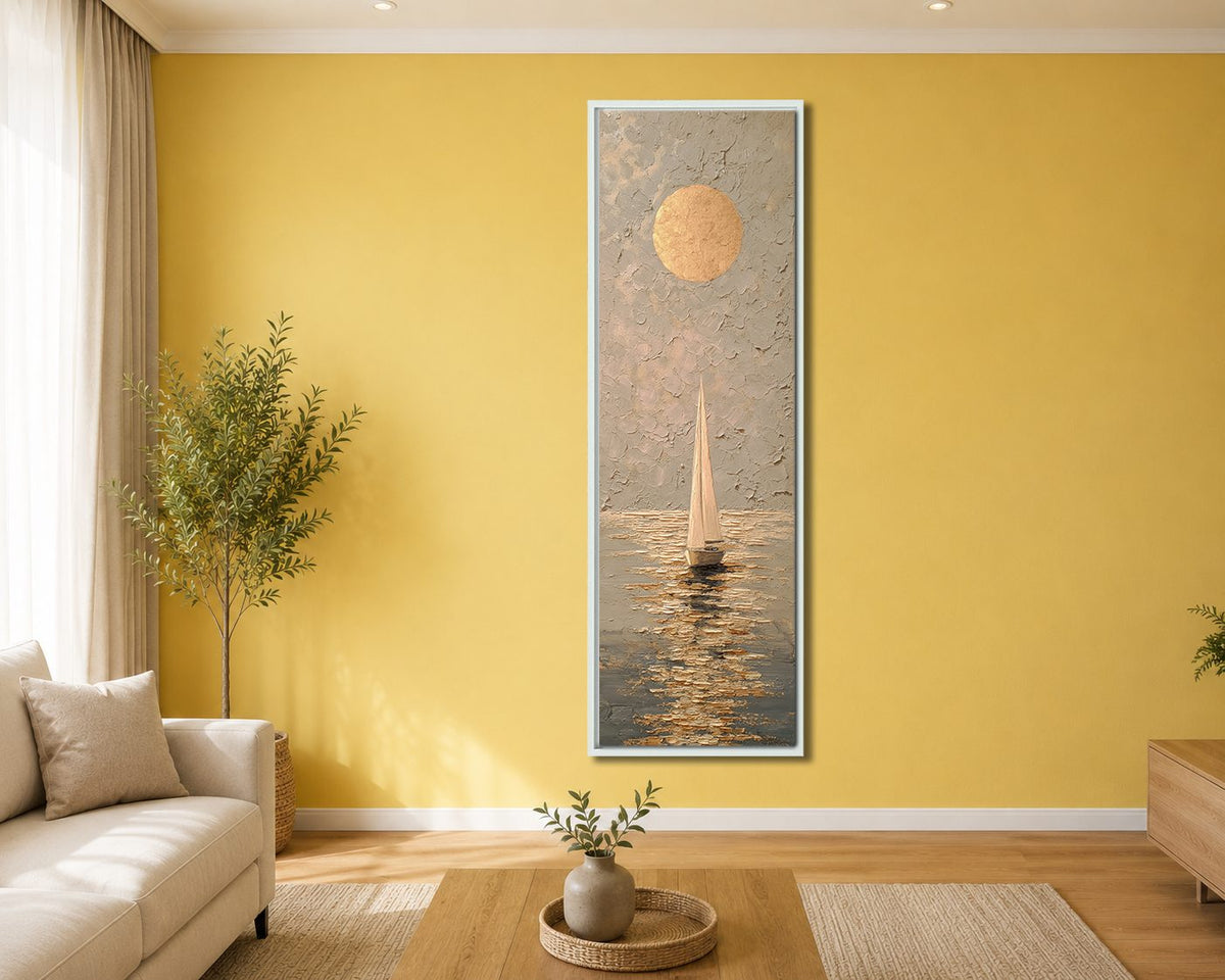 Golden Sun and Sailboat Textured canvas wall art, white floating frame