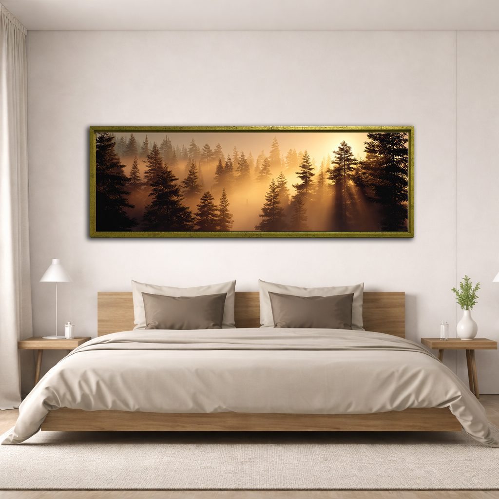 Golden Sunrise Misty Pine Forest canvas wall art, antique gold floating frame