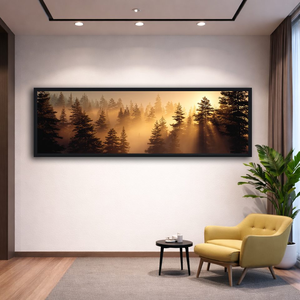 Golden Sunrise Misty Pine Forest canvas wall art, black floating frame