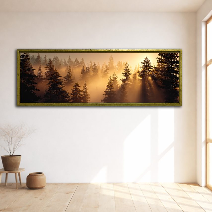 Golden Sunrise Misty Pine Forest canvas wall art, gold floating frame