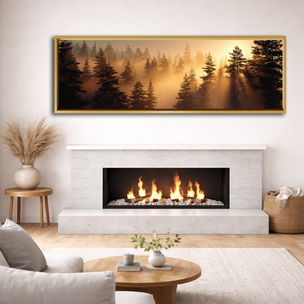 Golden Sunrise Misty Pine Forest canvas wall art, natural wood floating frame
