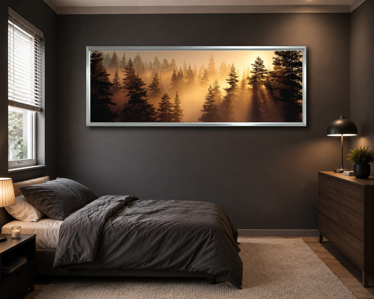 Golden Sunrise Misty Pine Forest canvas wall art, silver floating frame