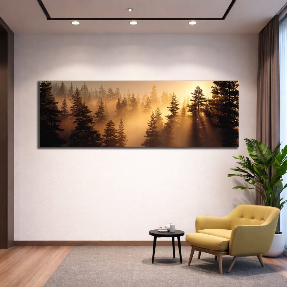 Golden Sunrise Misty Pine Forest canvas wall art, unframed canvas