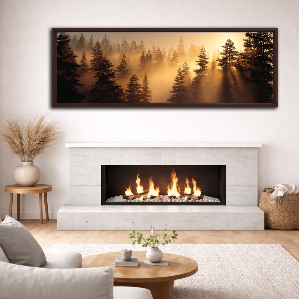 Golden Sunrise Misty Pine Forest canvas wall art, walnut floating frame