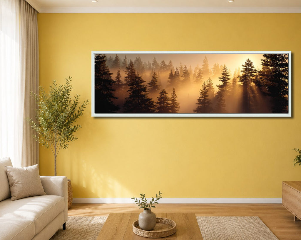 Golden Sunrise Misty Pine Forest canvas wall art, white floating frame