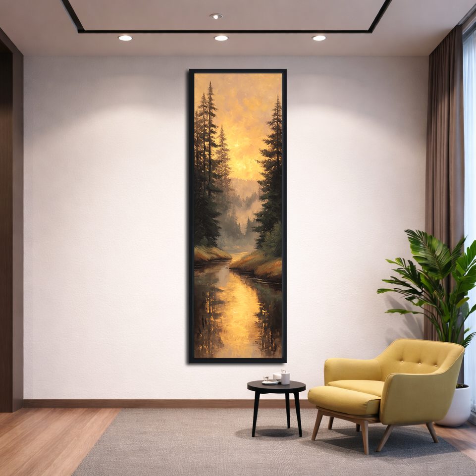 Golden Sunset Forest River canvas wall art, black floating frame