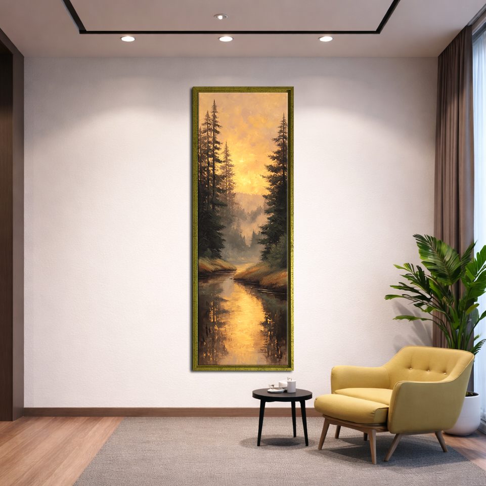 Golden Sunset Forest River canvas wall art, gold floating frame