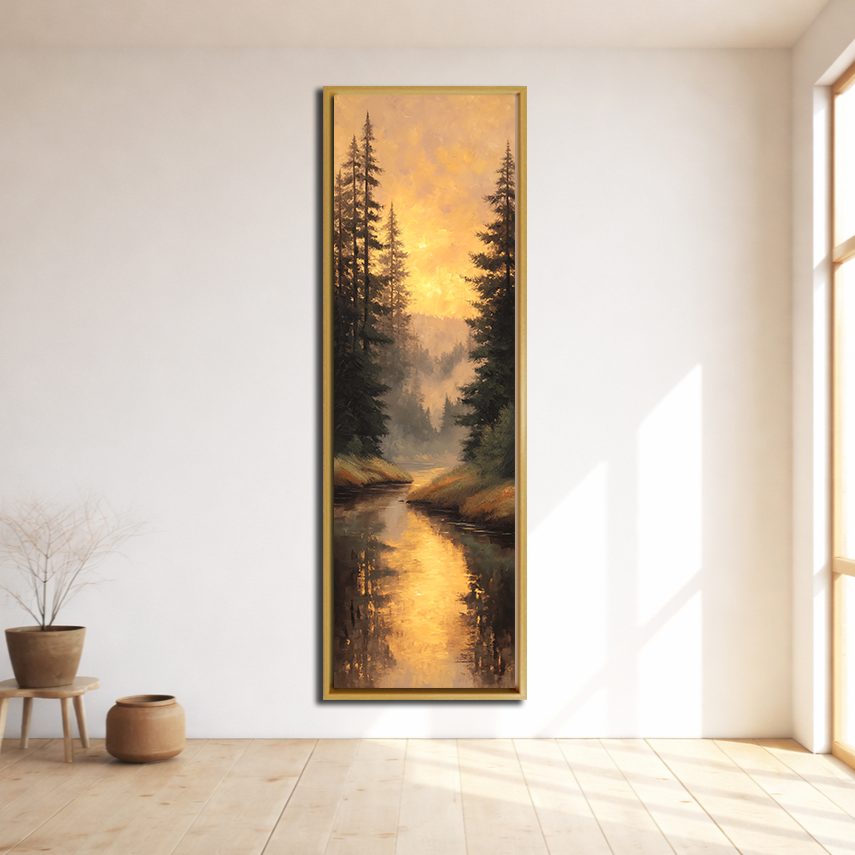 Golden Sunset Forest River canvas wall art, natural wood floating frame