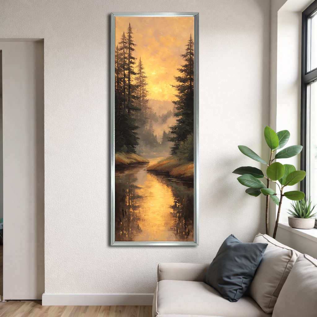 Golden Sunset Forest River canvas wall art, silver floating frame