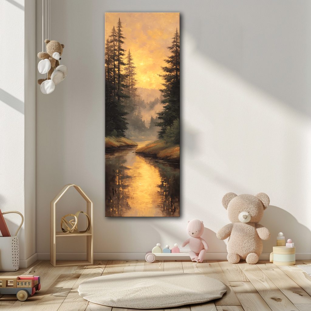 Golden Sunset Forest River canvas wall art, unframed canvas