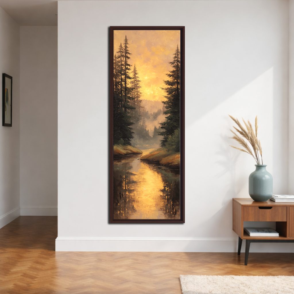 Golden Sunset Forest River canvas wall art, walnut floating frame